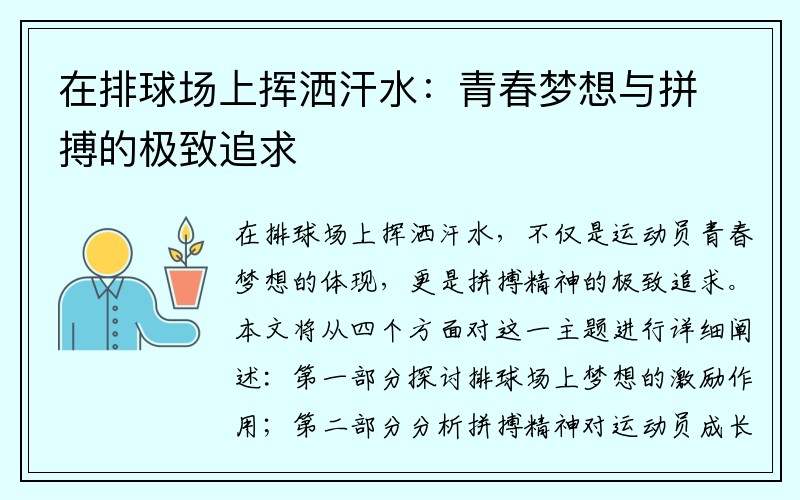 在排球场上挥洒汗水：青春梦想与拼搏的极致追求